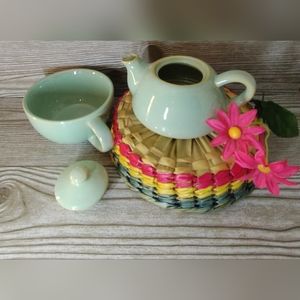 Pier One stoneware personal stackable tea pot, green color.